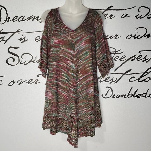 Faded Glory Colorful Crochet Open Knit Cold Shoulder Short Sleeve Sweater - Picture 1 of 6